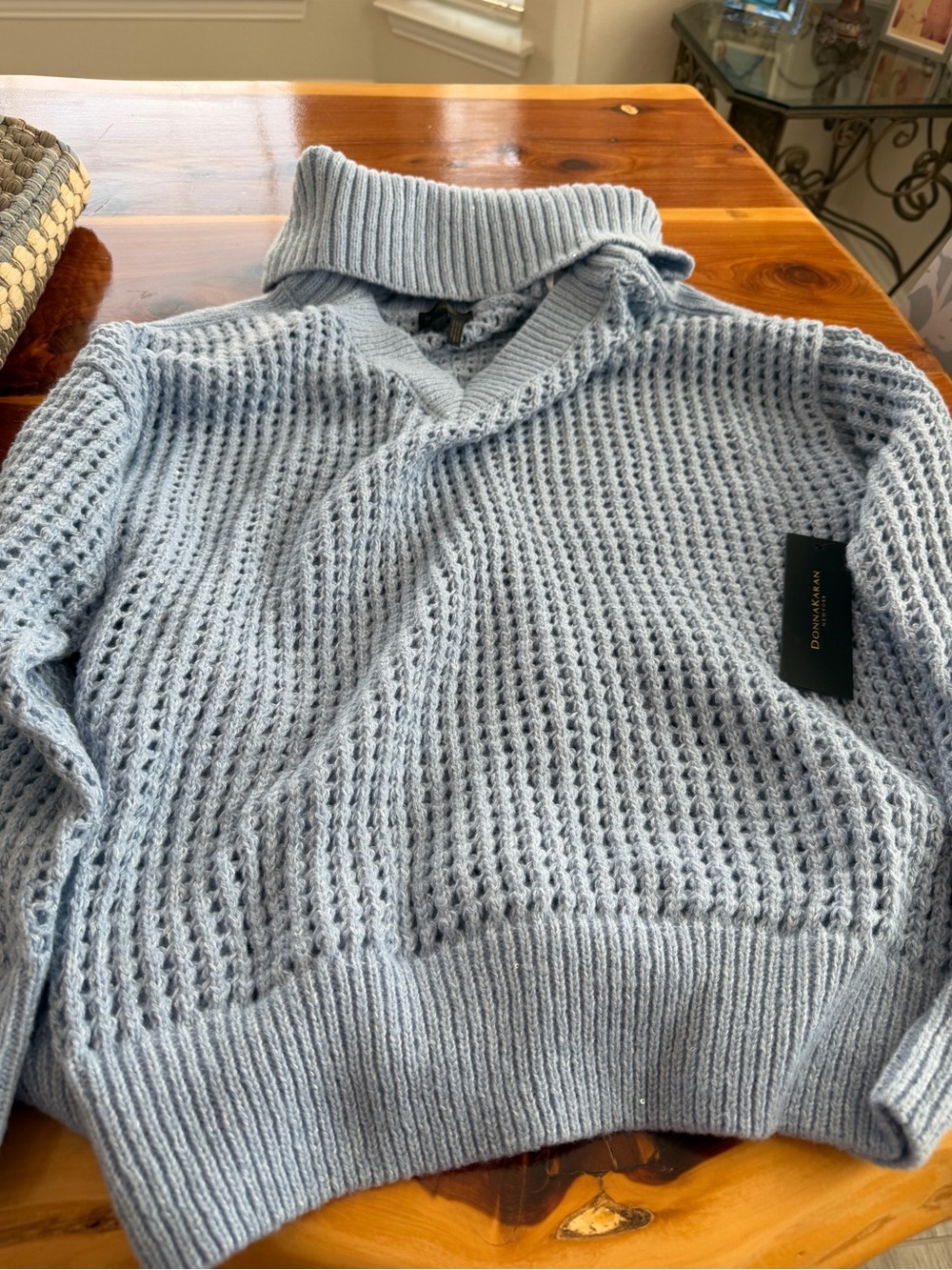 Donna Karan Light Blue Turtleneck Open-Knit Sweater